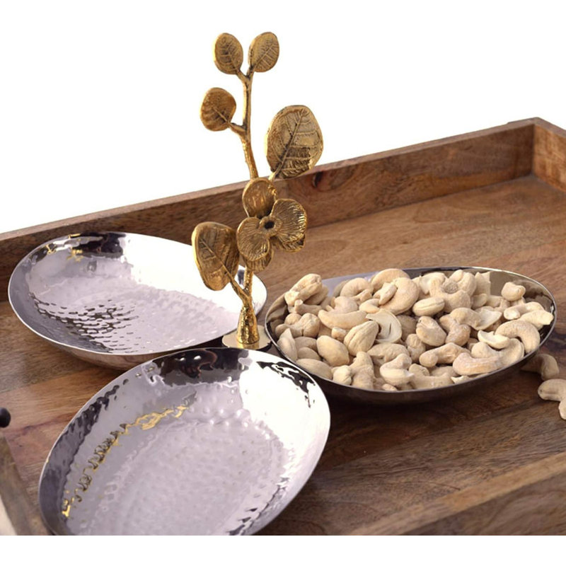 Everly Quinn 3-Bowl Stainless Steel Condiment Server with Orchid Handle for Christmas Gift and decor