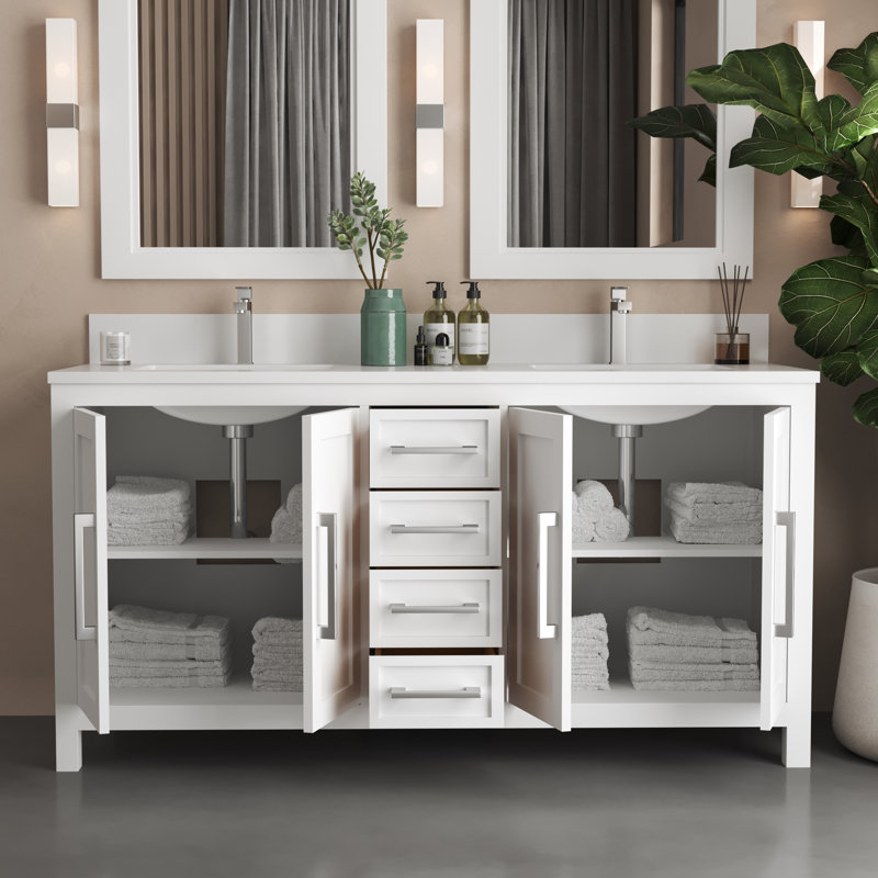 Ensemble de meuble-lavabo double 63 po avec miroir Zakare, Blanc