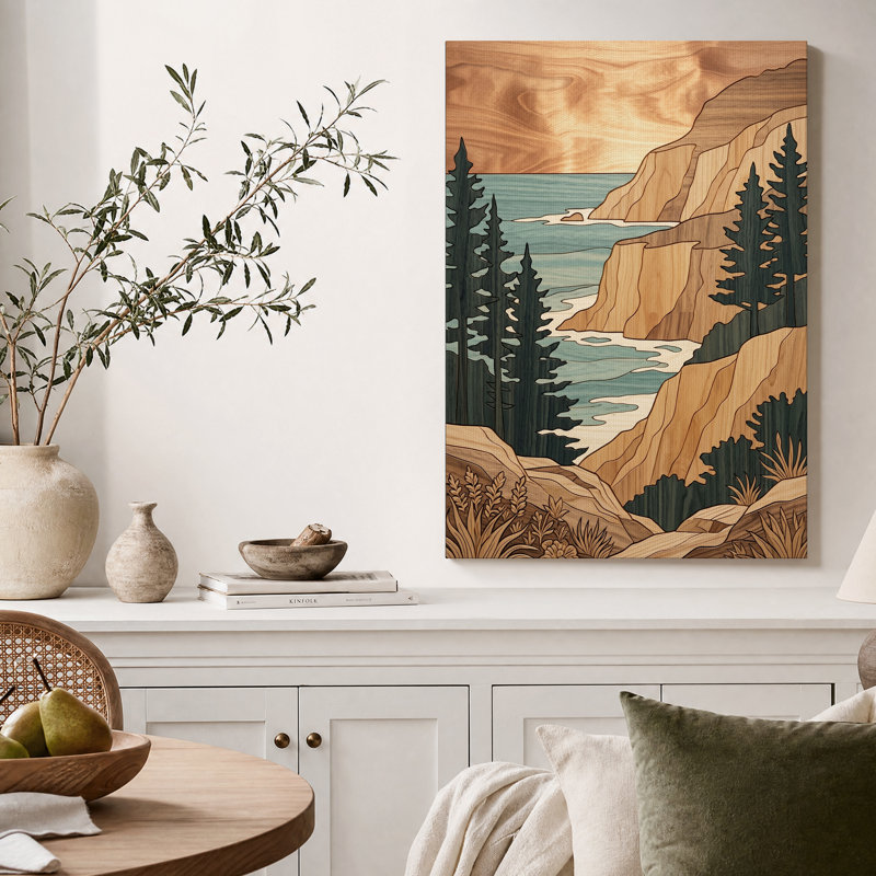 Tableau sur toile à texture de bois représentant des falaises côtières et des pins, H 48 po x l 32 po