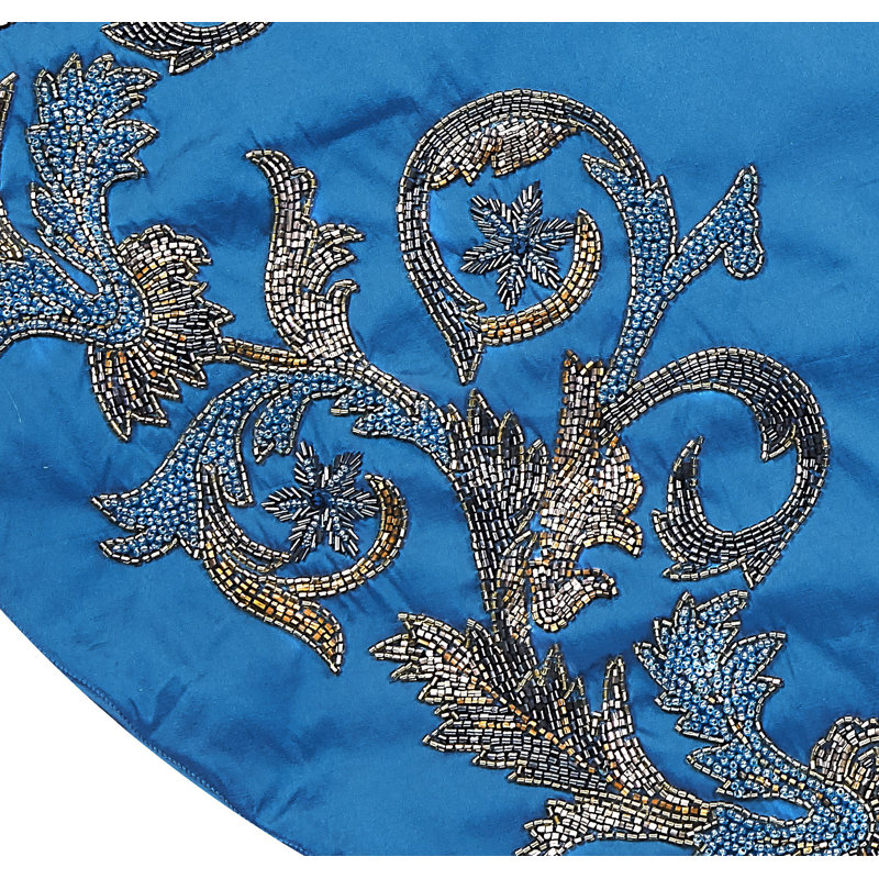 Imperial Blue Hand Beaded Christmas Tree Skirt on Blue Silk, 72"