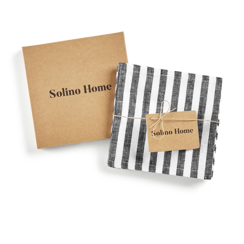 Amalfi Stripe-100% Pure Linen Cocktail Napkins (Set of 12), Black and White