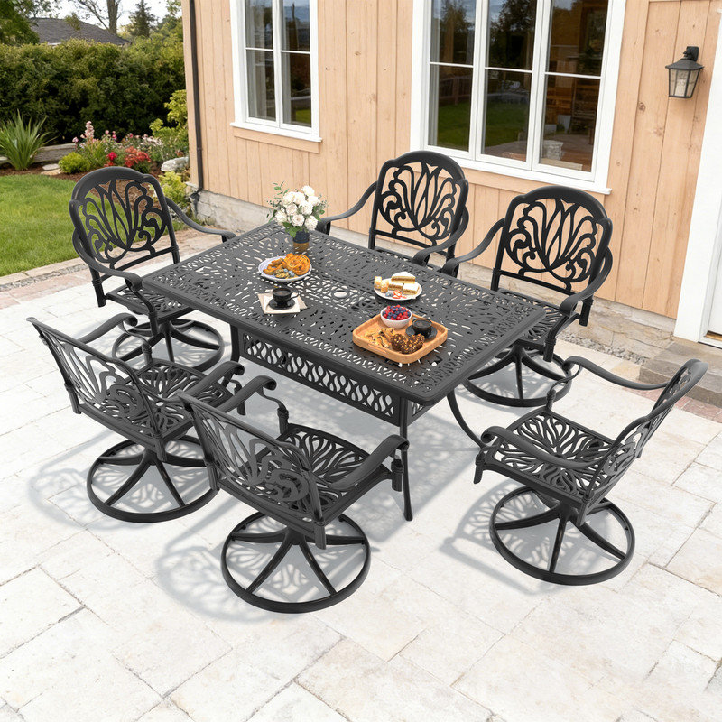 Table de salle à manger rectangulaire en aluminium moulé pour patio de 58,27 po L avec trou pour parasol et 6 chaises pivotantes avec coussins bruns (ensemble de 7 pièces)