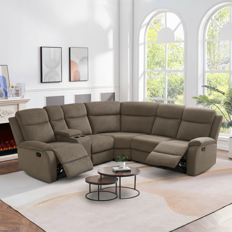 Ensemble de canapé modulaire inclinable en L brun à 5 sièges en forme de L avec porte-gobelets et console de rangement pour le salon Brown