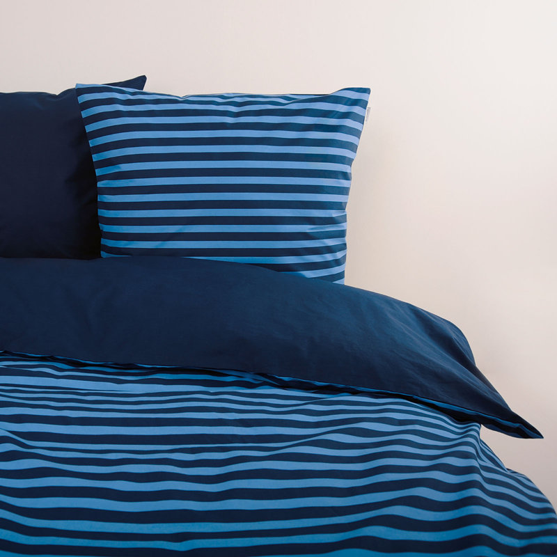 MEDIUM STRIPES Cotton Duvet Cover Set Set, Dark Navy/Cool Blue, 155 x 220 cm + 80 x 80 cm