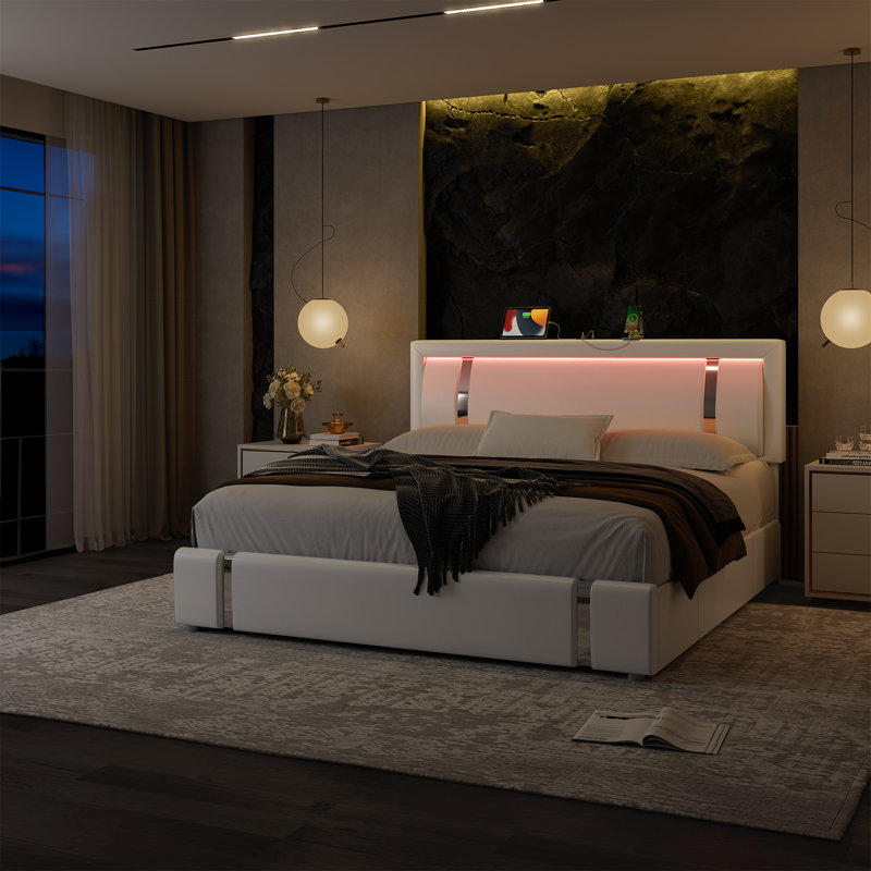 Base de lit avec tête de lit éclairée en polyuréthane, ports USB et 2 tiroirs Barbuto, Très grand lit, Blanc