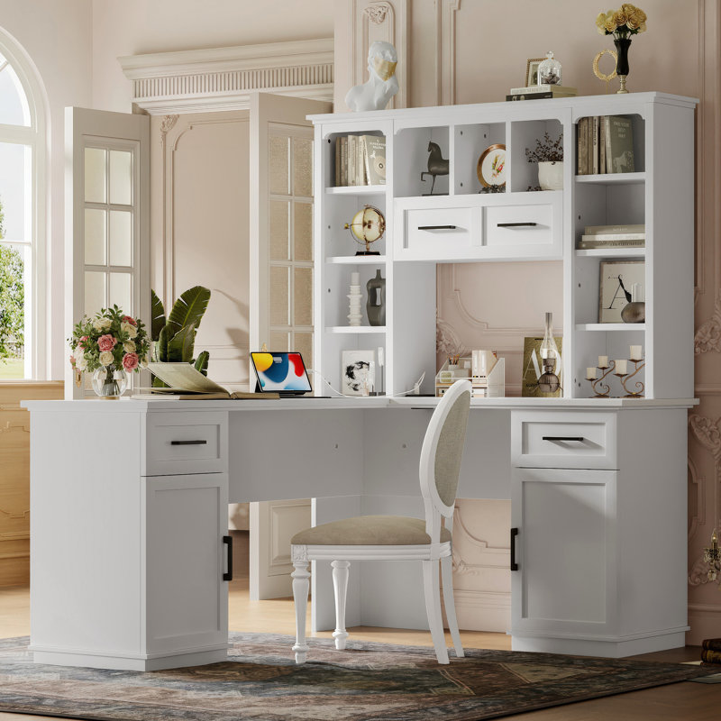Bureau d'ordinateur en L avec 2 armoires et 2 tiroirs, Blanc