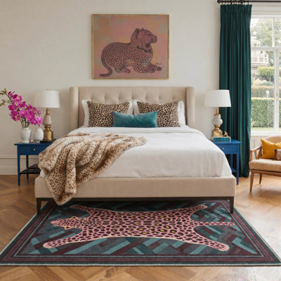 Tapis bleu sarcelle / rose à motif animal lavable à la machine avec envers antidérapant