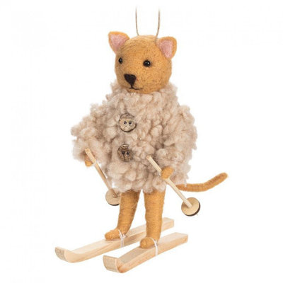 Skiing Cat Wearing A Fur Coat Ornament