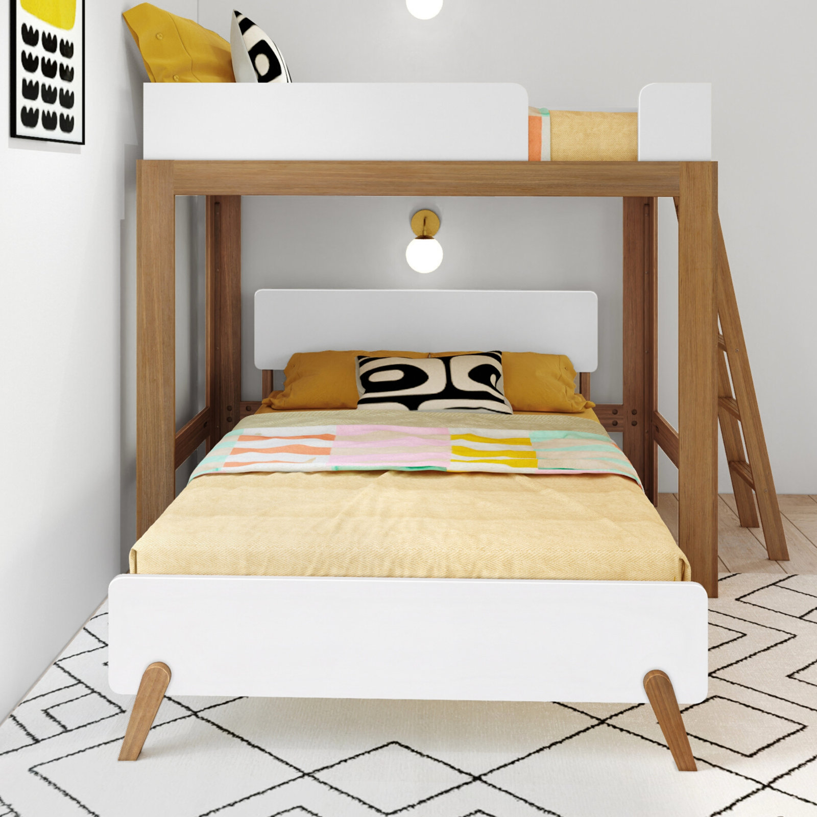 Ambur L-Shaped Bunk Bed, Twin over Full, White/Brown