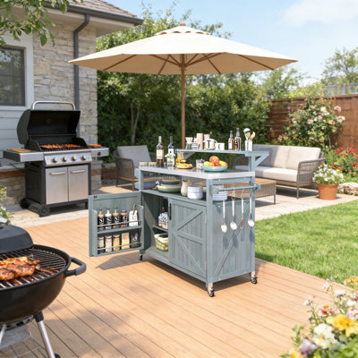 Chariot à roulettes extérieur 53 po avec comptoir en acier inoxydable de qualité alimentaire, station de préparation de cuisine portable avec support à épices, barre à serviettes et rangement pour barbecue de patio