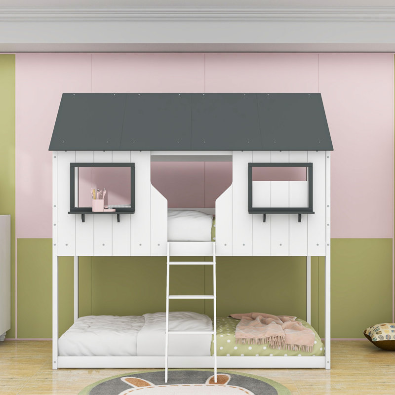 Kids Twin Over Twin Bunk Bed with Guardrails, White