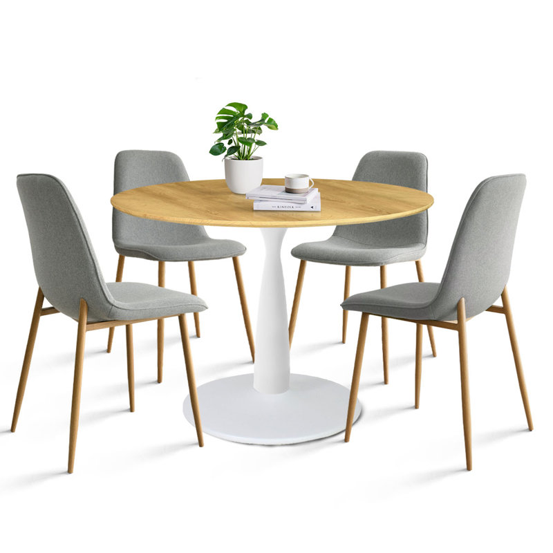 Folmar 4 - Person Dining Table Sets With 35'' Round Table & 4 Upholstered Fabric Chairs, Gray