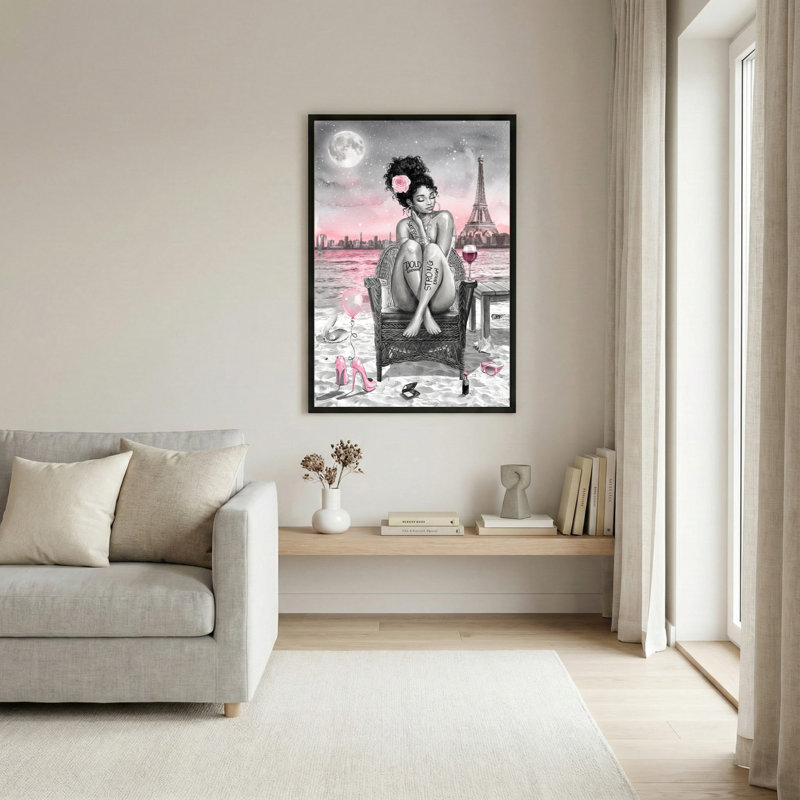 Tableau sur toile représentant une Parisienne avec la Tour Eiffel et la Lune (1 pièce), H 18 po x l 12 po