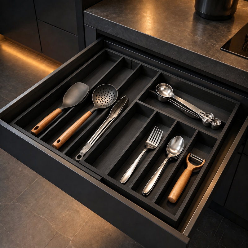 Bamboo Expandable Silverware Drawer Organizer with Labels, Kitchen Utensil Tray Holder for Flatware, Cutlery, Spoons and Knives
