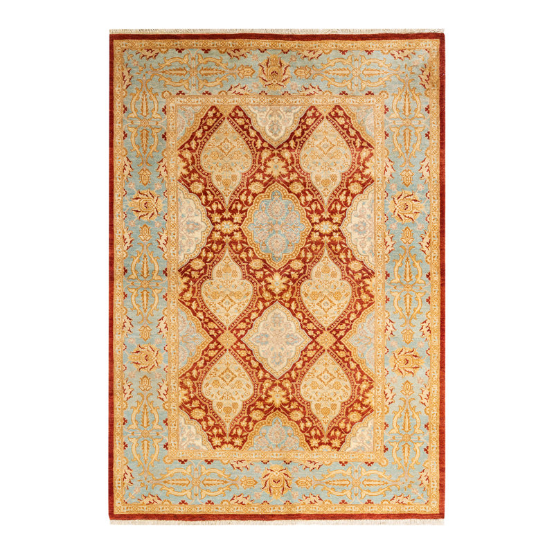Tapis orange / rouge en laine noué à la main de conception unique 5 pi 1 po x 7 pi 4 po Kendyn