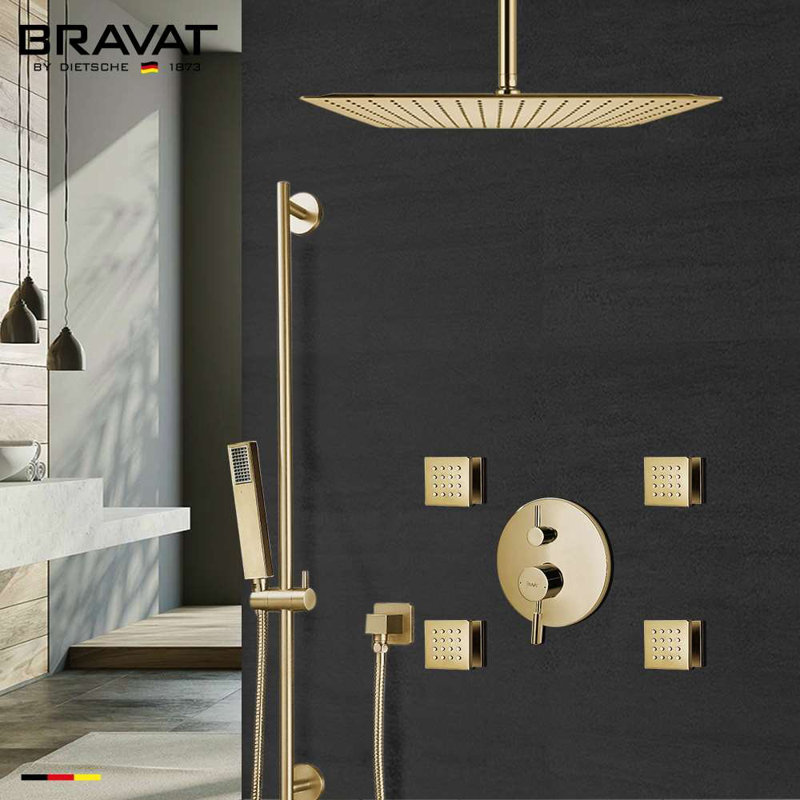 Bravat Brushed Gold Concealed Thermostatic Shower Mixer with 3 Way Diverter