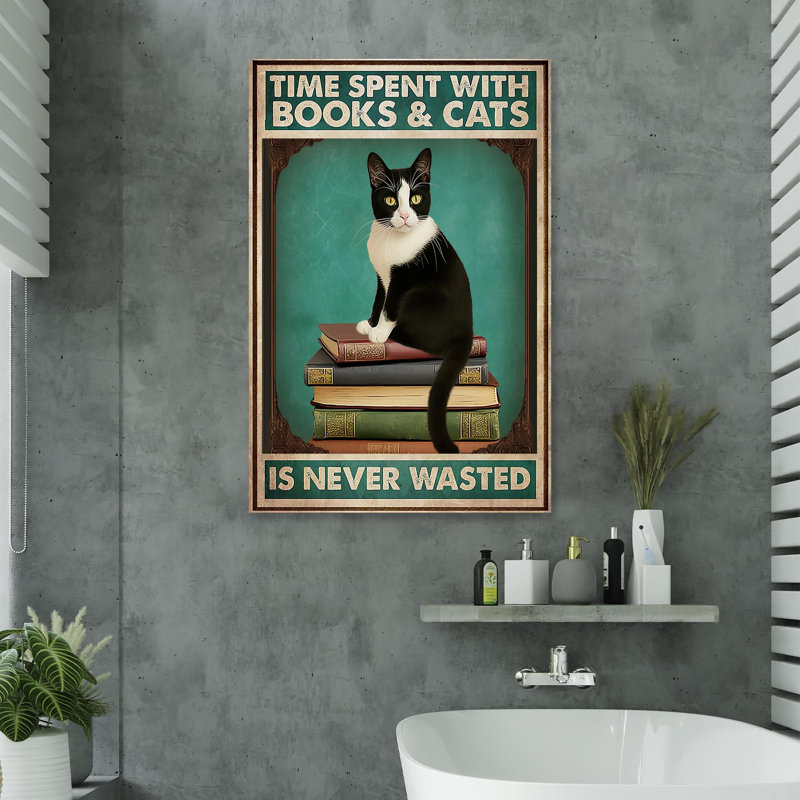Temps passé avec des livres et des chats 1 - Impression sur toile tendue, L 24 po x H 36 po