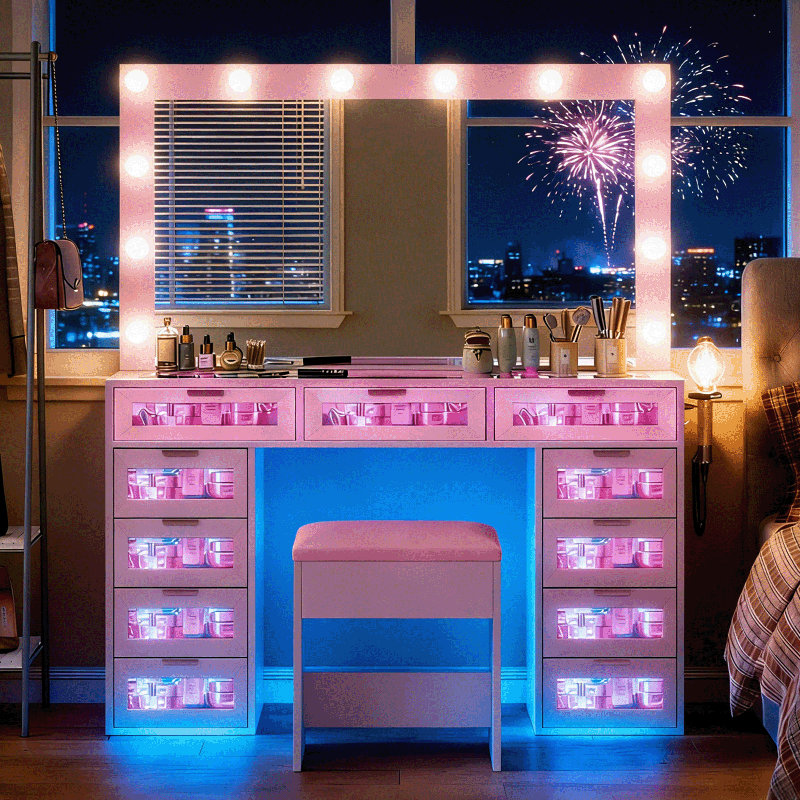 Vanity Desk with Mirror and Lights,7 RGB Drawers Vanity Table,Makeup Vanity with Charging Station & Vanity Stool,for Bedroom,Dressing Room, Pink