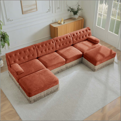 Canapé modulaire à 4 places avec 2 repose-pieds modulaires en nuage, jupe à pampilles, conception capitonnée, mousse haute résilience à haute densité, conception ergonomique, base en bois de qualité supérieure, pour chambre à coucher
