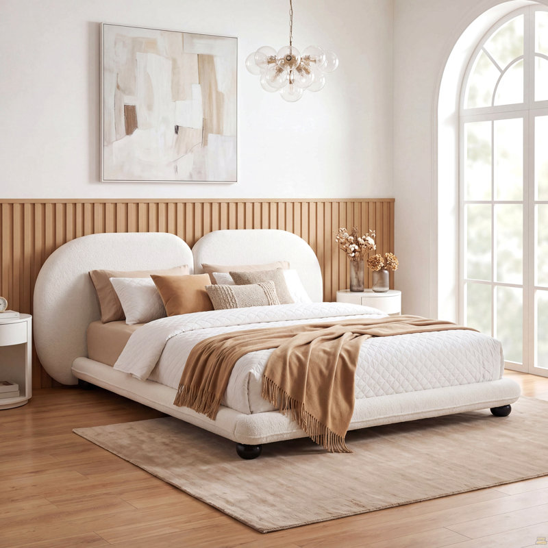 Structure de lit tapissier extra épais avec tête de lit fendue luxueuse, tissu molletonné Teddy, 800 lb, robuste, facile à assembler, blanc, très grand