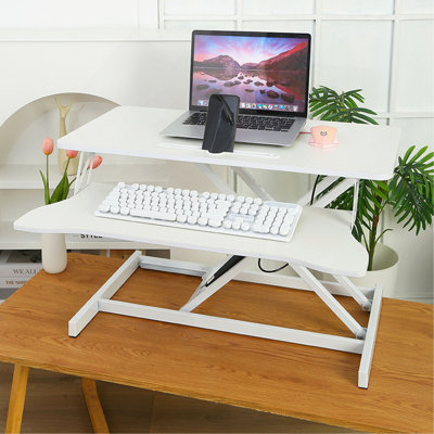 32 Inch Desk Converter, Height Adjustable Sit To Stand Riser, Dual Monitor And Laptop Workstation With Wide Keyboard Tray, White,Standing Desk