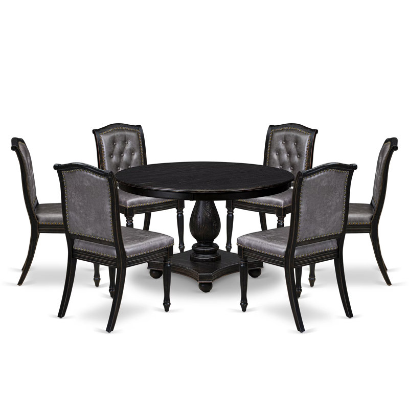 Ensemble de table de salle à manger 7 pièces composé d'une table et de 6 chaises en tissu de polyester gris foncé avec dossier capitonné - Noir sablé