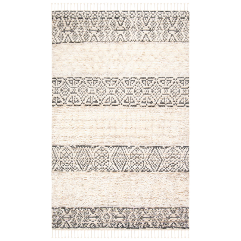 Tapis gris / ivoire en laine et viscose noué à la main Dorotea, Rectangle 8 pi x 10 pi