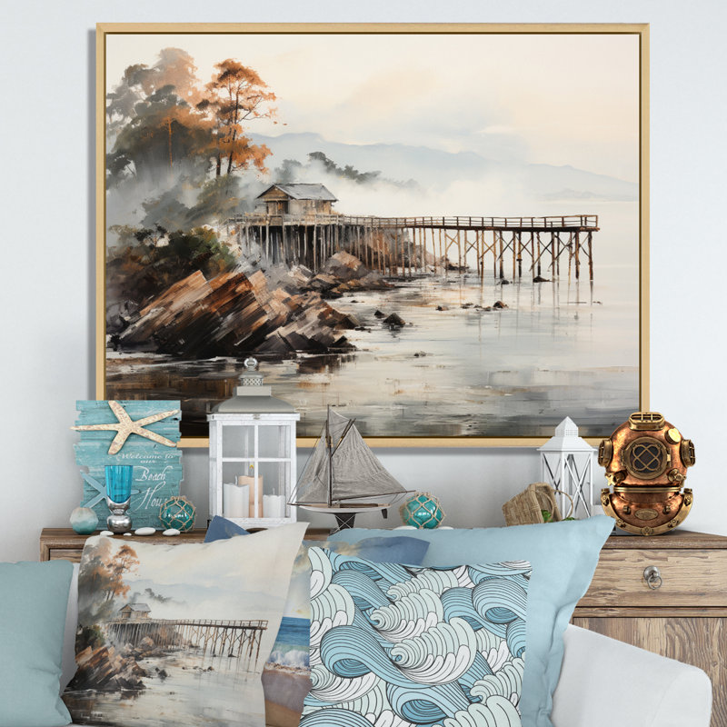 Pier Misty Morning Pier I sur impression sur toile, H 12 po x l 20 po x P 1 po, Cadre naturel flottant