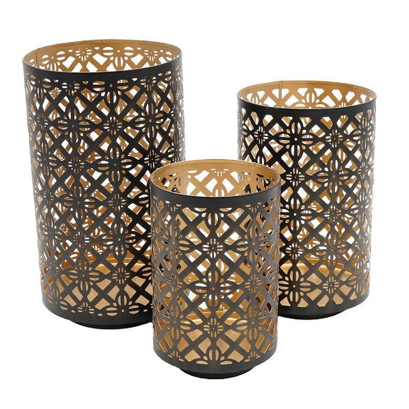 Set of 3 Black and Gold Metal Pierced Candle Lanterns