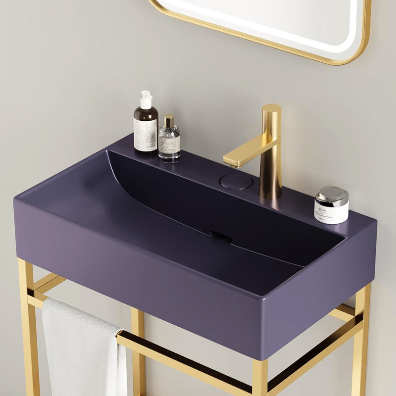 Meuble-lavabo de salle de bain en céramique 24 po - lavabo console autoportant lustré mauve, pattes ouvertes dorées, rangement pratique avec lustre rectangulaire, console, tablettes en métal,