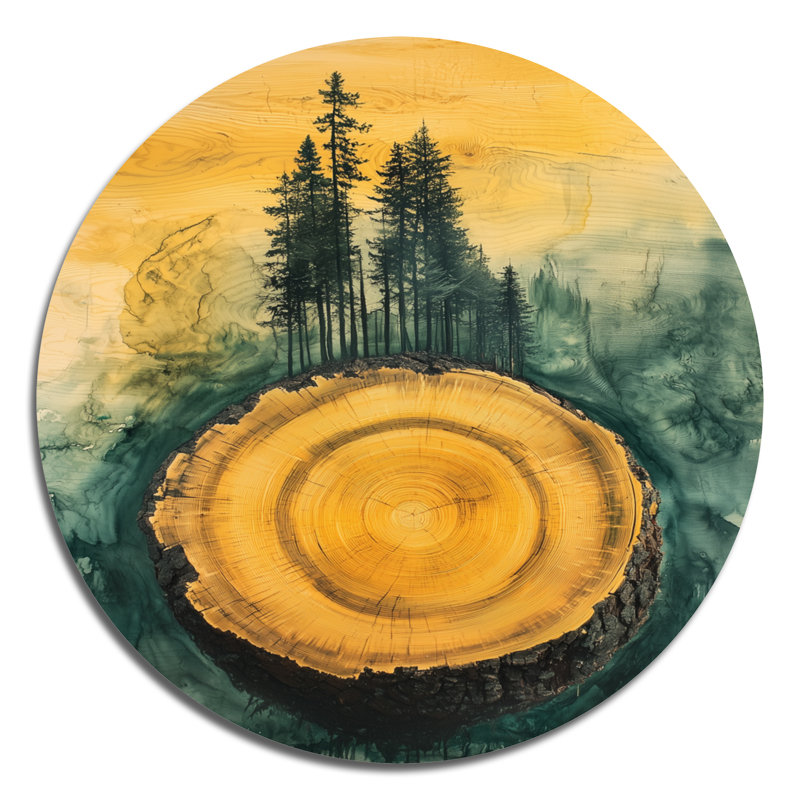 Emerald River Into The Pine Wood Forest I - Art mural traditionnel en métal jaune, H 16 po x l 16 po
