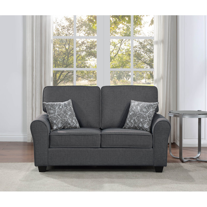 Coussin moelleux en tissu taupe avec causeuse à accoudoirs arrondis évasés et 2 coussins décoratifs, Gris foncé