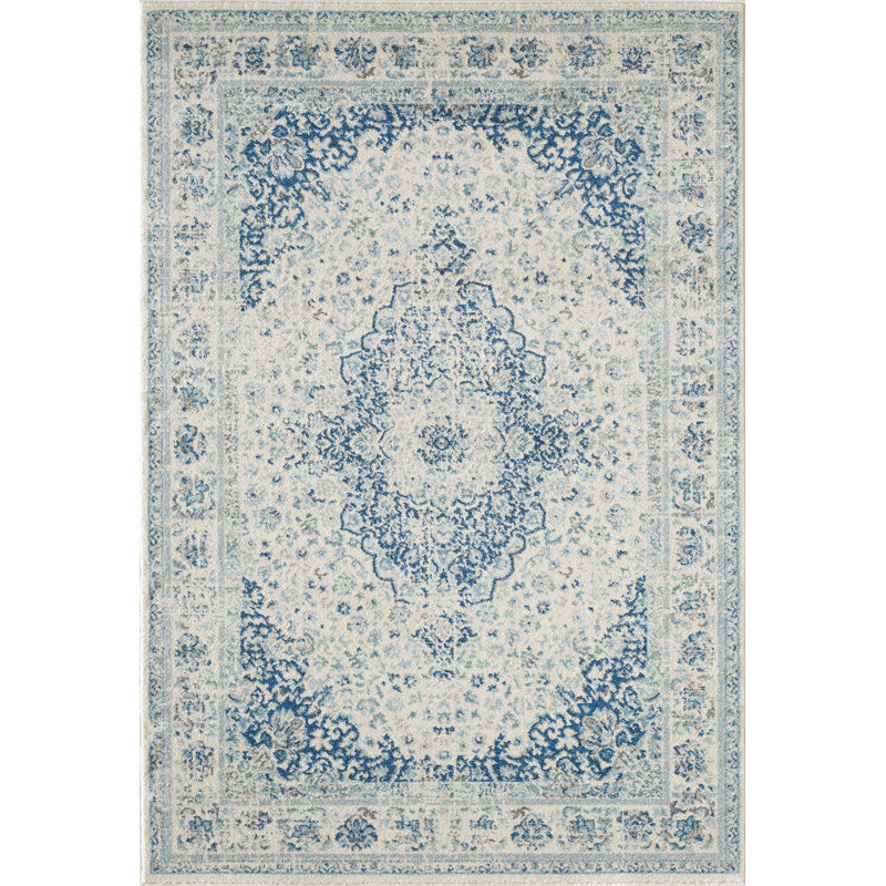 Tapis crème/ivoire/bleu marine oriental Cunha, Rectangle 5 pi 3 po x 7 pi 6 po