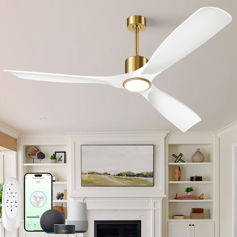 Ventilateur de plafond intelligent 52 po avec lumière, 3 pales en ABS, télécommande à 6 vitesses et commande vocale APP, 3CCT, à intensité variable, moteur réversible BLDC