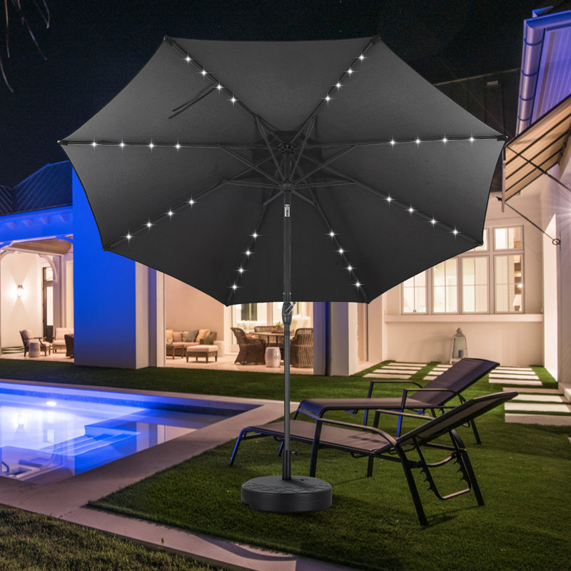 Parasol de terrasse de 3 m avec éclairage, base et moustiquaire., Noir