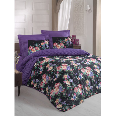 Ensemble de housse de couette 100% coton moderne et contemporain mauve / noir Cardona 3 pièces