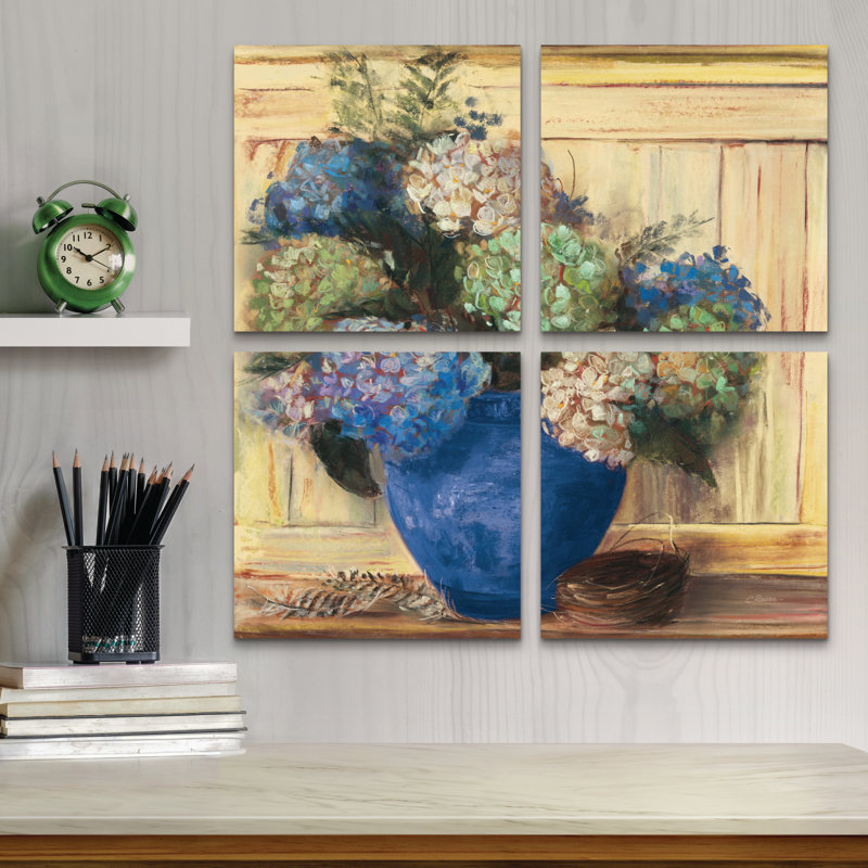 Ensemble de 4 panneaux muraux - Carol Rowan «Summer Hydrangea Blue Pot», art mural sur toile pour le salon, la chambre à coucher ou le bureau par Trademark Fine Art
