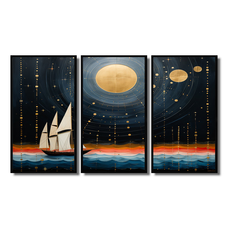 Voilier guidé par Dieu, pleine lune, océan, tranquillité - ensemble d'art mural paysage abstrait, Cadre flottant noir