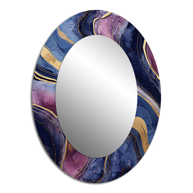 Blue And Gold Abstract Marble Essence III - Modern Oval Wall Mirror, 40" x 30"