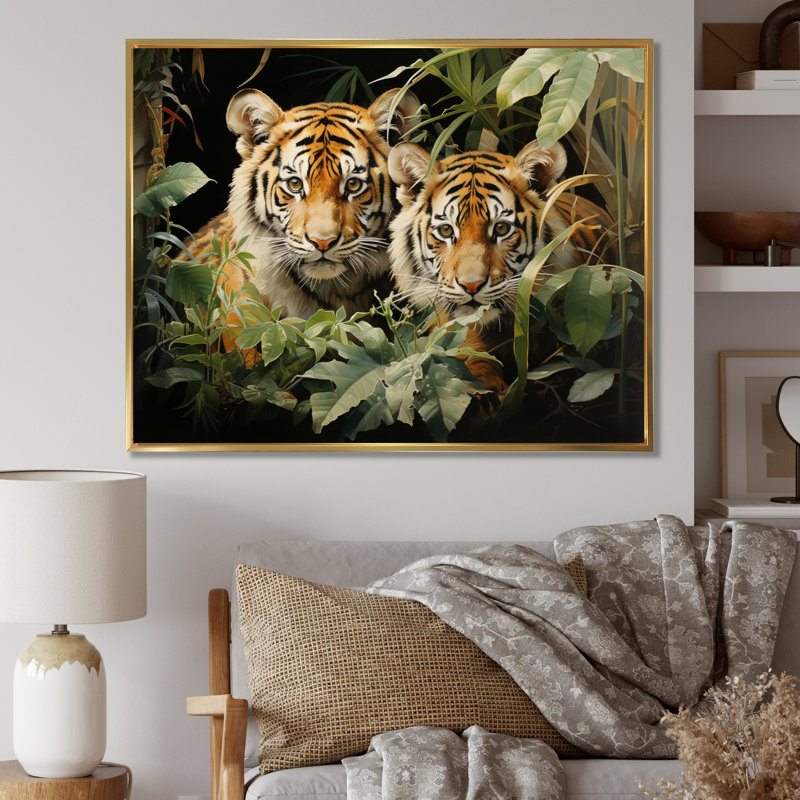 «Asian Art Tigers in Jungle III», reproduction d'art, H 30 po x l 40 po x P 1,5 po, Cadre flottant doré