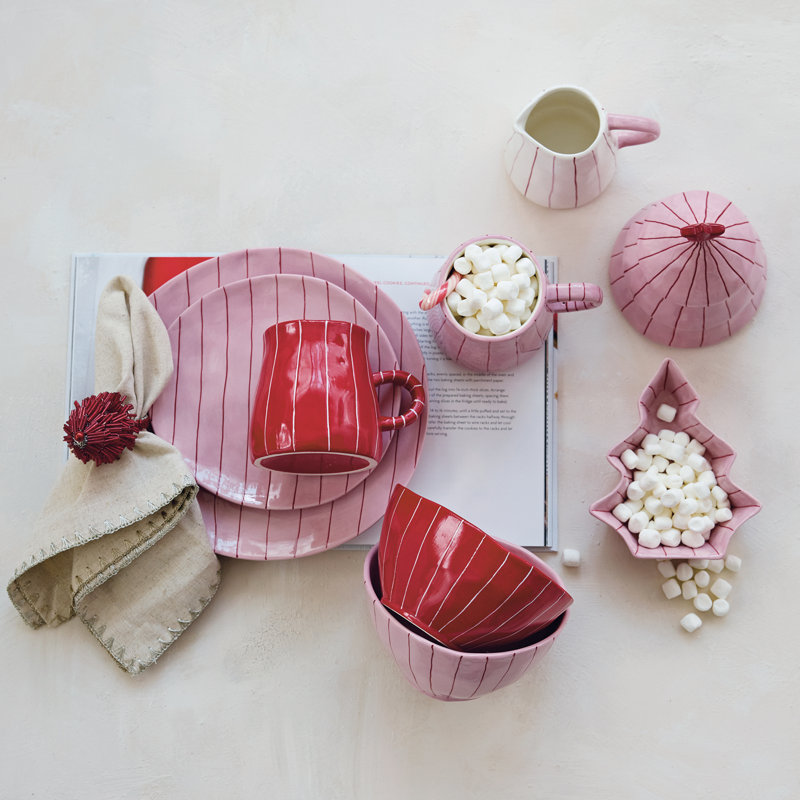 Hand-Painted Stoneware Plate in Red & Pink Stripes
