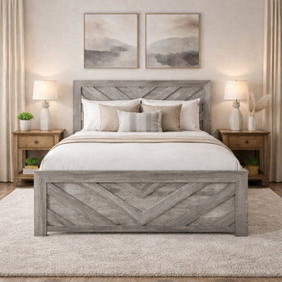 Claudette 3D Chevron Panel Bed with Rustic Wood Grain Texture — 