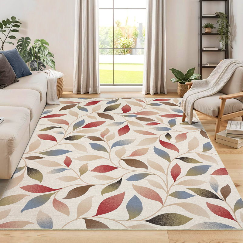 Machine Washable Rug Modern Leaf Area Rug Ultra-Thin Rug Durable Floor Carpet Easy-Cleaning Rug, Rectangle 5' x 7'