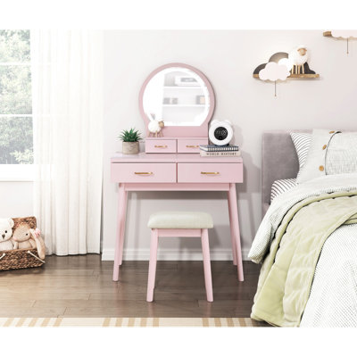 Captivating Pink Vanity Dresser With Mirror & Stool - Bedroom Element And For Functional Storage Unit