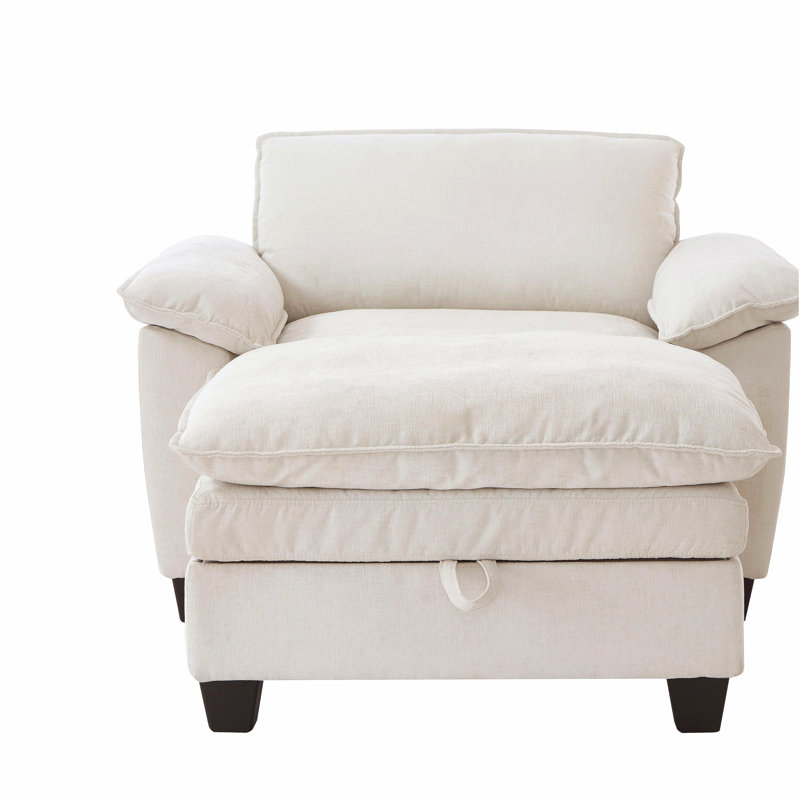 51" Oversize Chaise Lounge Chair with Ottoman and Storage  Upholstered Soft Chenille Beige