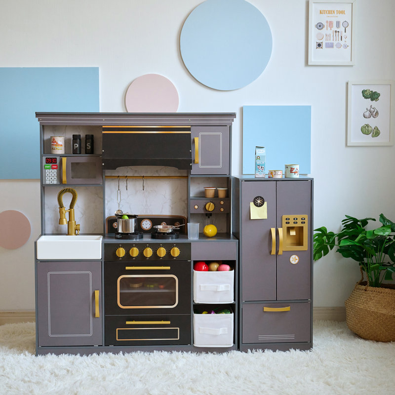 Teamson Kids Pretend Play Wooden Kitchen Set for Toddler with Ice Dispenser, Accessories & Storage