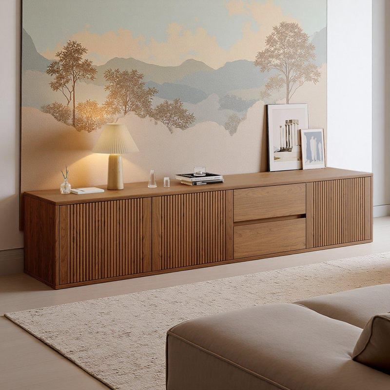 Meuble télé 79 po Mid-Century pour téléviseur de 85 po ou moins, console média et meuble télé moderne à cannelures avec tiroirs et tablettes de rangement