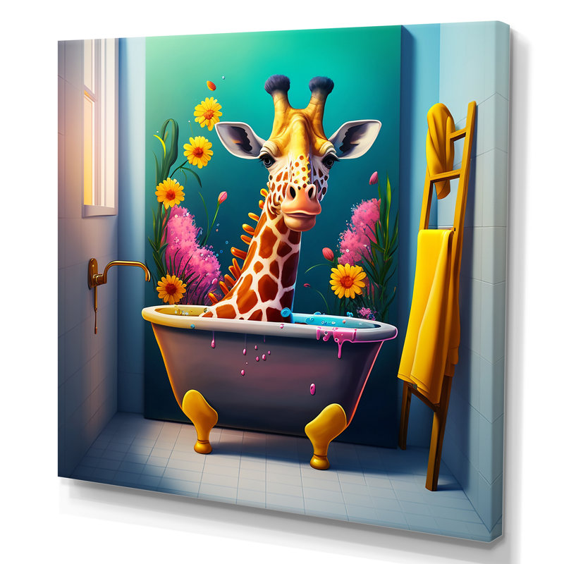Girafe caricature éclaboussant autour d'un bain de fleurs III - impression sur toile tendue, H 16 po x l 16 po x P 1 po