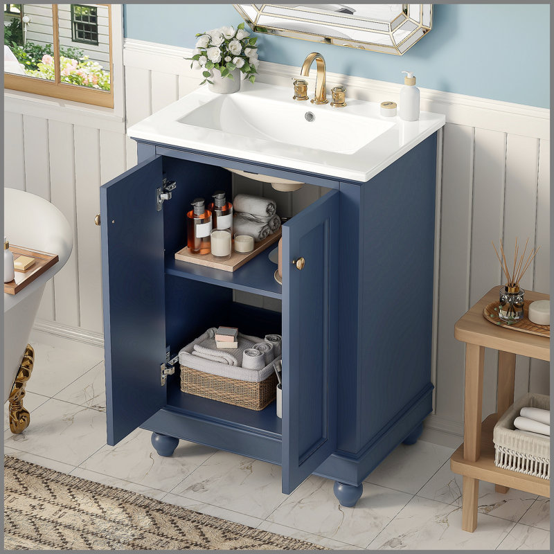 Meuble-lavabo moderne de 24 po de conception simple et élégante avec rangement à fermeture en douceur, tablette réglable, meuble-lavabo avec lavabo en céramique