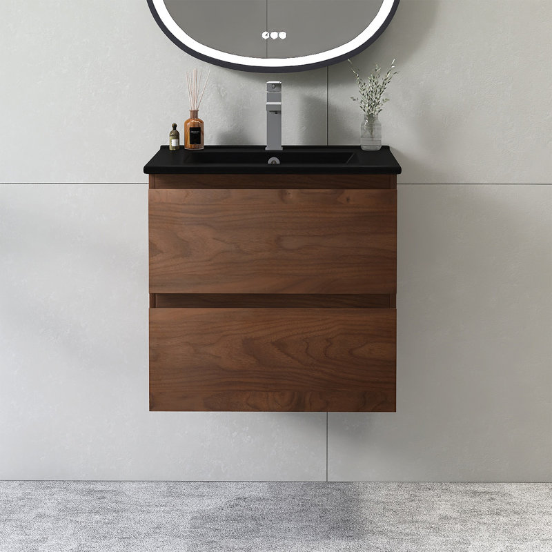 Meuble-lavabo mural 24 po avec lavabo en céramique, Noir, Chêne brun
